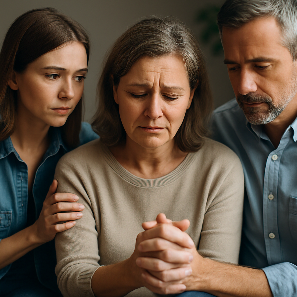 Three light-skinned hands gently clasped together in a show of support and unity, symbolizing collective action and compassion in the fight for justice.