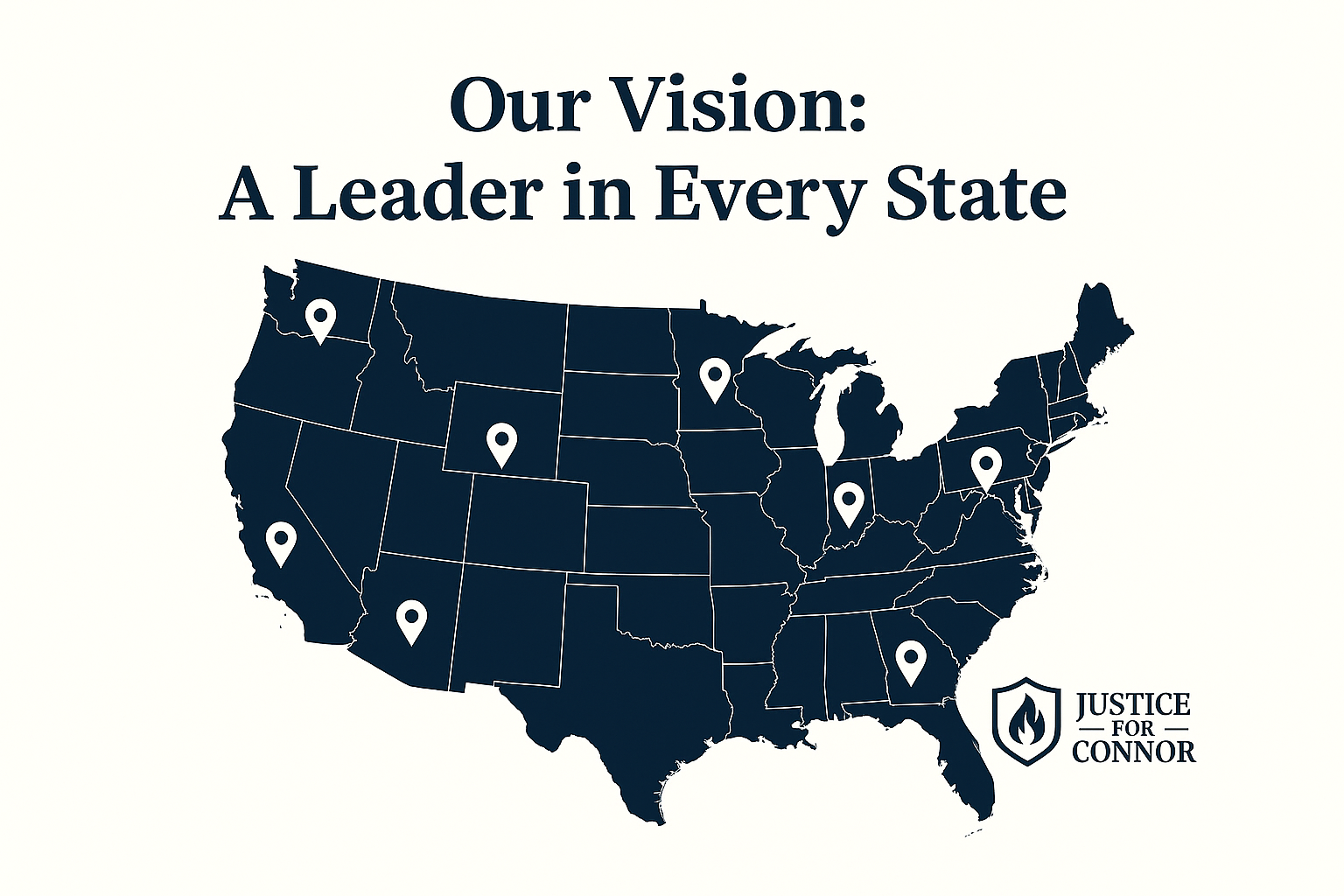 Map of the United States with state outlines and red location pins on Georgia, Florida, Texas, and California, representing key leadership hubs in the Justice for Connor movement.